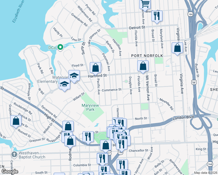 map of restaurants, bars, coffee shops, grocery stores, and more near 723 Cambridge Avenue in Portsmouth