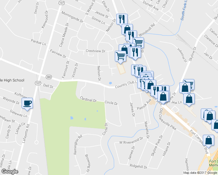 map of restaurants, bars, coffee shops, grocery stores, and more near 505 Country Club Lane in Hopkinsville