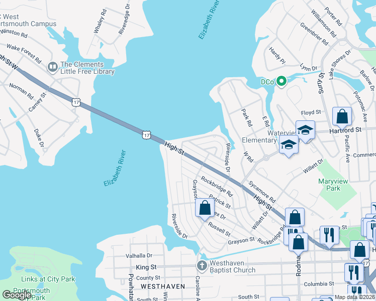 map of restaurants, bars, coffee shops, grocery stores, and more near 3930 High Street in Portsmouth