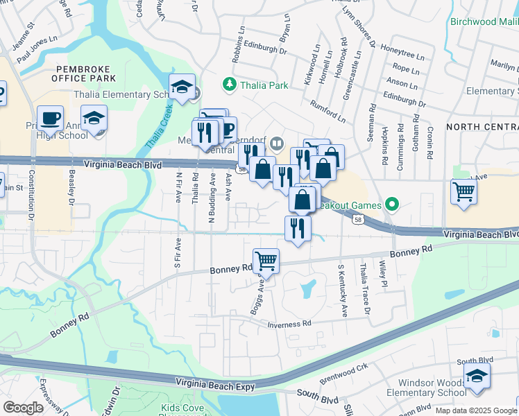 map of restaurants, bars, coffee shops, grocery stores, and more near 4246 Thalia Station Circle in Virginia Beach