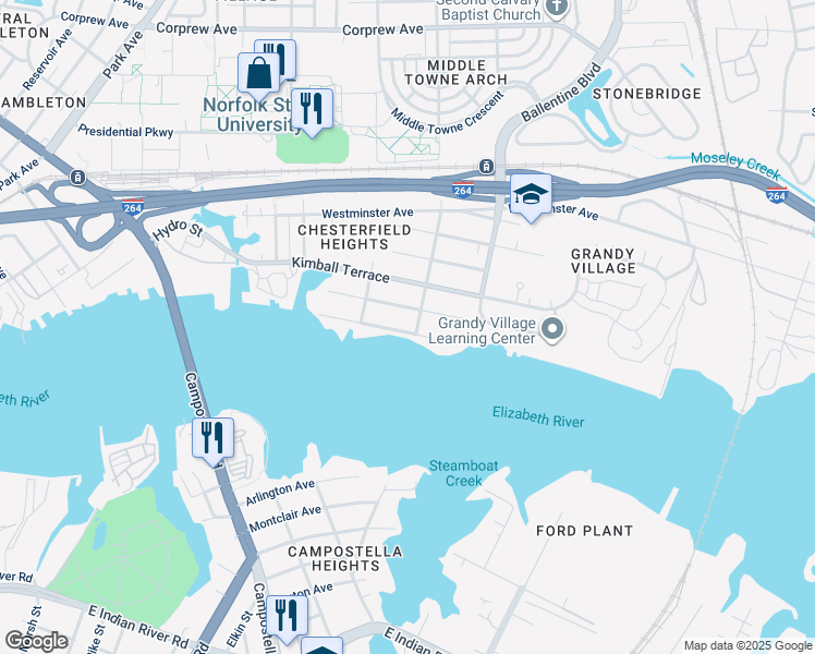 map of restaurants, bars, coffee shops, grocery stores, and more near 2724 Chesterfield Boulevard in Norfolk