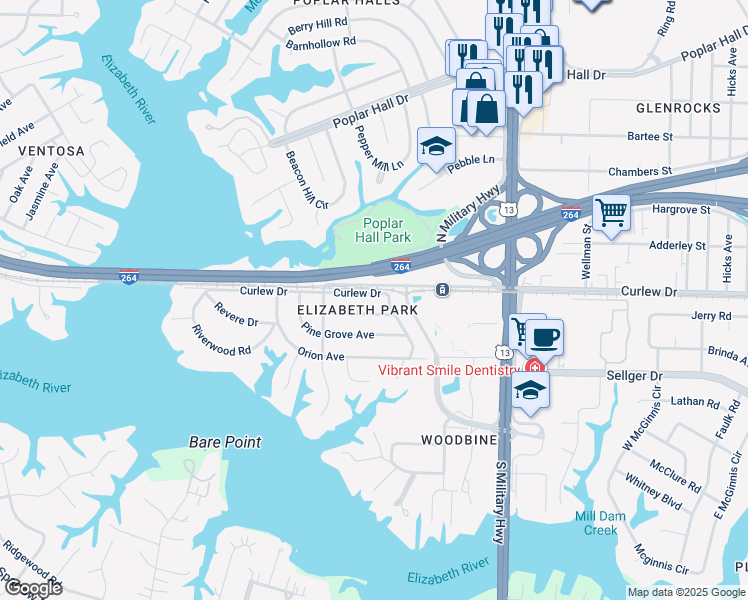 map of restaurants, bars, coffee shops, grocery stores, and more near 5445 Curlew Drive in Norfolk