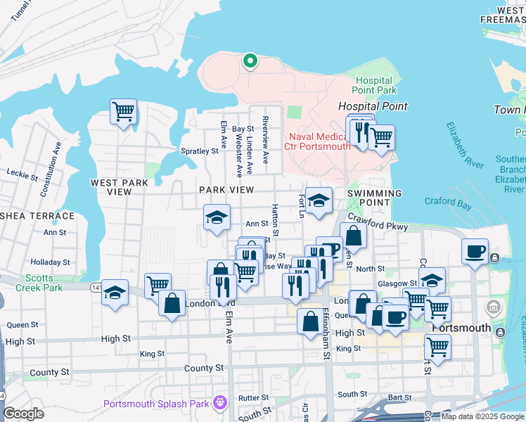 map of restaurants, bars, coffee shops, grocery stores, and more near 1031 Crawford Parkway in Portsmouth