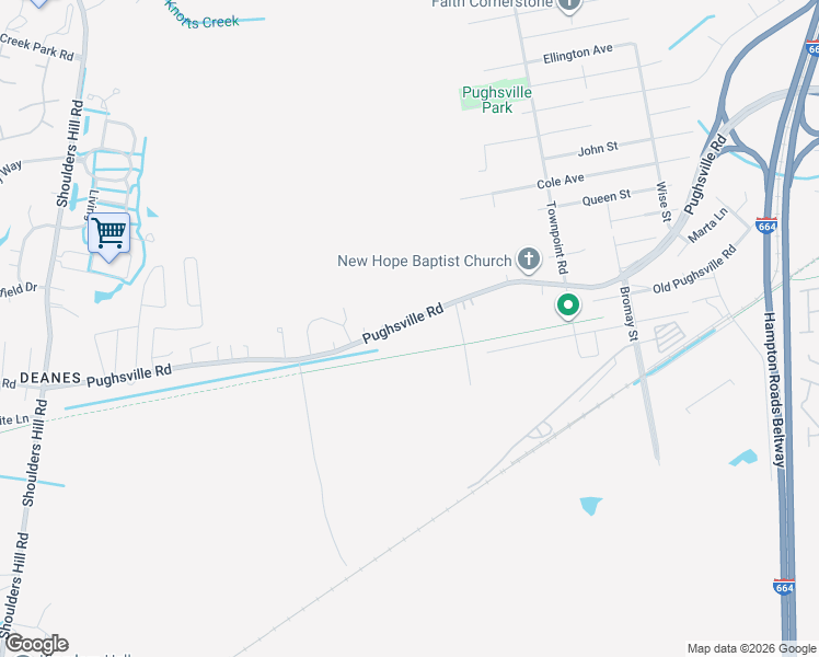 map of restaurants, bars, coffee shops, grocery stores, and more near 4117 Pughsville Road in Suffolk