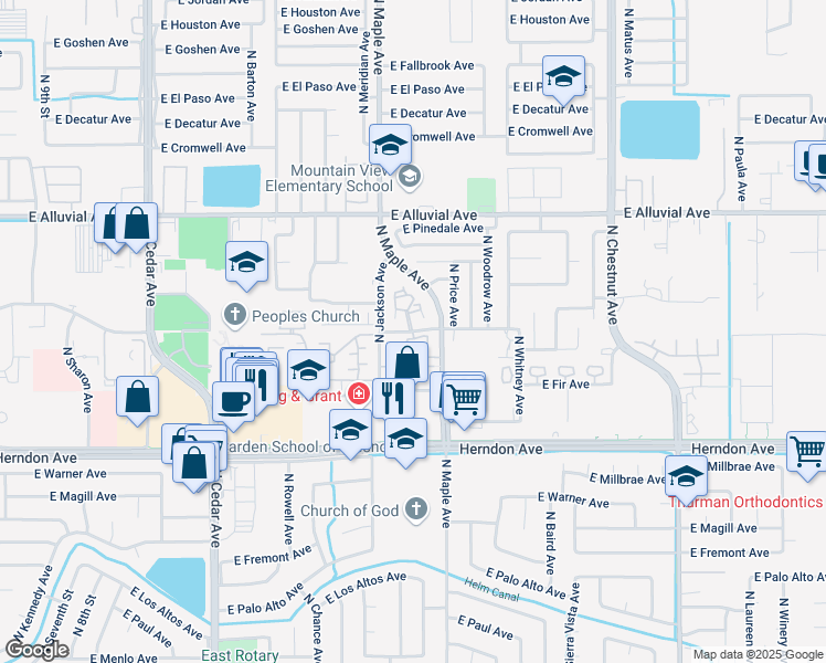 map of restaurants, bars, coffee shops, grocery stores, and more near 2059 E Spruce Ave in Fresno