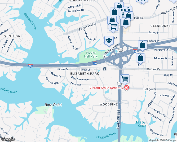 map of restaurants, bars, coffee shops, grocery stores, and more near 5445 Curlew Drive in Norfolk
