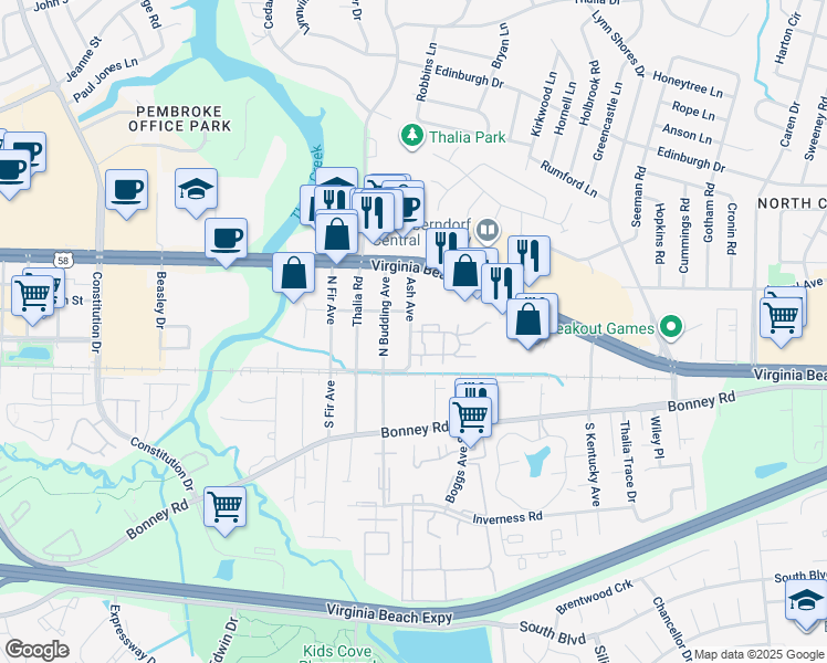 map of restaurants, bars, coffee shops, grocery stores, and more near 4163 Thalia Station Circle in Virginia Beach