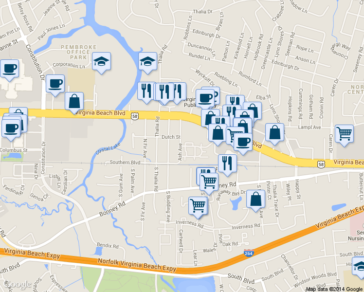 map of restaurants, bars, coffee shops, grocery stores, and more near 4140 Thalia Station Circle in Virginia Beach