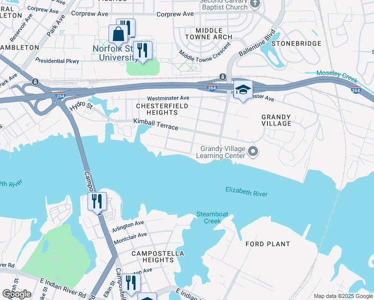 map of restaurants, bars, coffee shops, grocery stores, and more near 2724 Chesterfield Boulevard in Norfolk