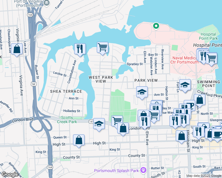 map of restaurants, bars, coffee shops, grocery stores, and more near A Street in Portsmouth