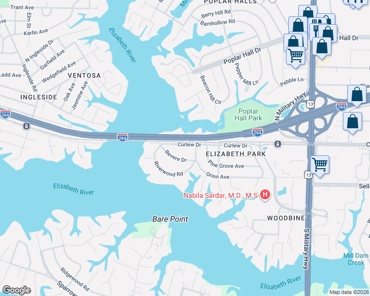 map of restaurants, bars, coffee shops, grocery stores, and more near 5267 Curlew Drive in Norfolk