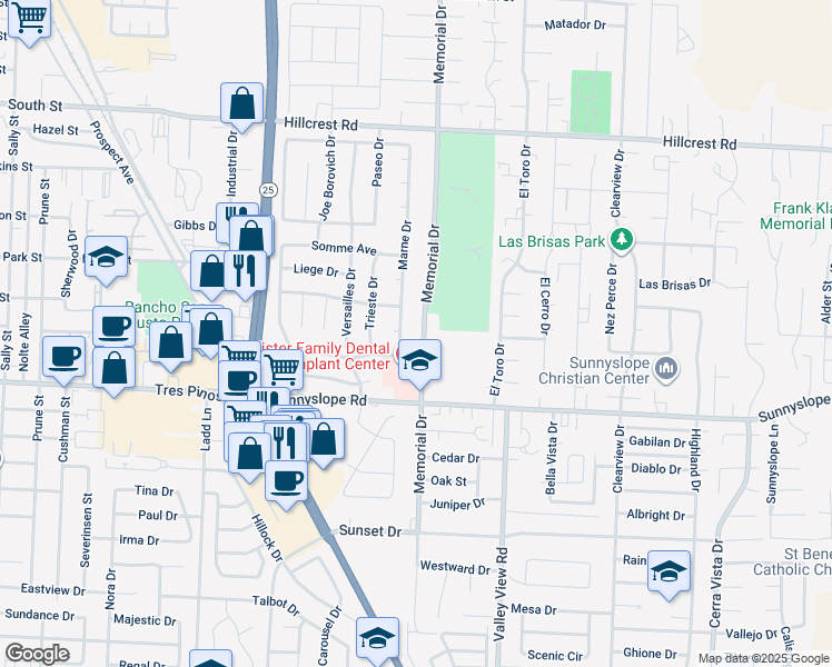map of restaurants, bars, coffee shops, grocery stores, and more near 1360 Memorial Drive in Hollister