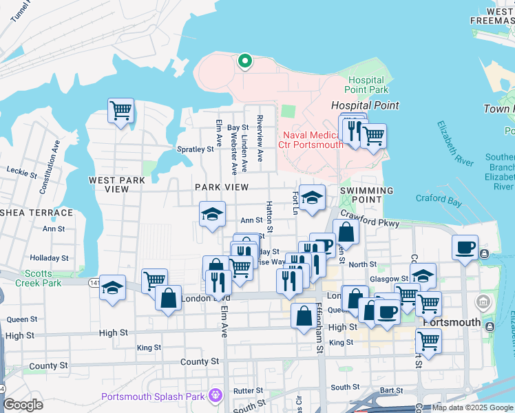map of restaurants, bars, coffee shops, grocery stores, and more near 1033 Crawford Parkway in Portsmouth