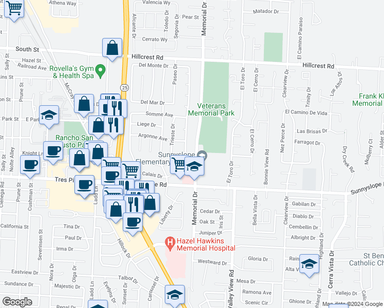 map of restaurants, bars, coffee shops, grocery stores, and more near 1360 Memorial Drive in Hollister