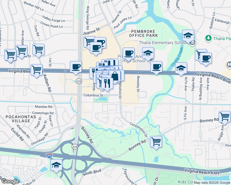 map of restaurants, bars, coffee shops, grocery stores, and more near 4556 Columbus Street in Virginia Beach
