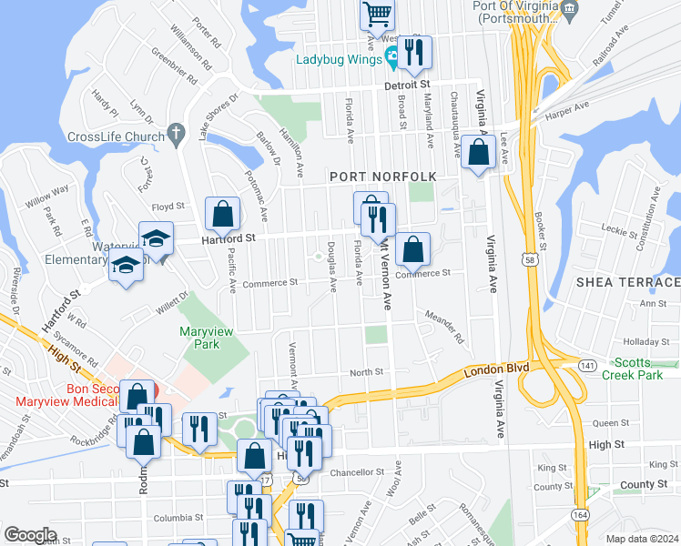 map of restaurants, bars, coffee shops, grocery stores, and more near 735 Douglas Avenue in Portsmouth