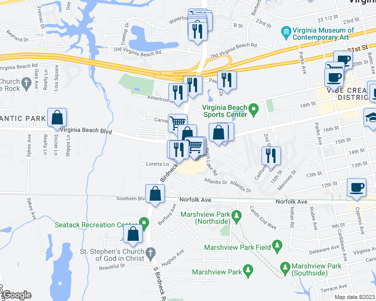map of restaurants, bars, coffee shops, grocery stores, and more near 1085 Virginia Beach Boulevard in Virginia Beach
