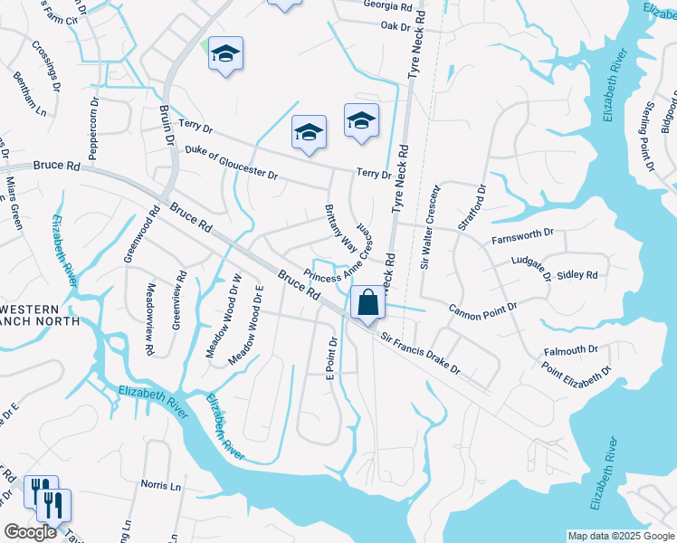 map of restaurants, bars, coffee shops, grocery stores, and more near 2948 Princess Anne Crescent in Chesapeake