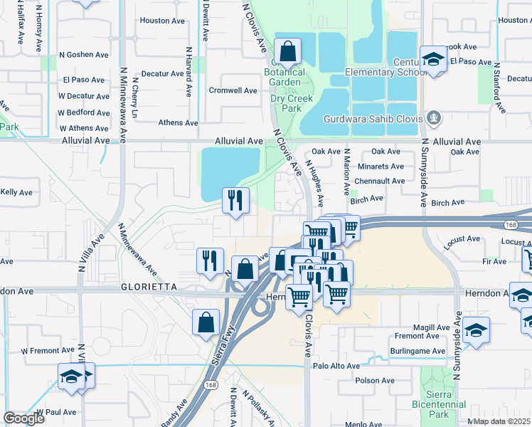 map of restaurants, bars, coffee shops, grocery stores, and more near 603 North Pollasky Avenue in Clovis