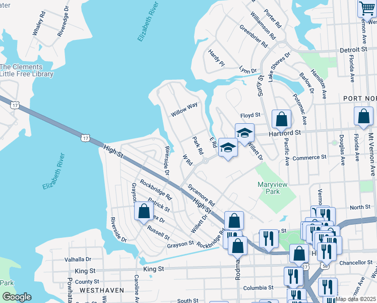 map of restaurants, bars, coffee shops, grocery stores, and more near 309 West Road in Portsmouth