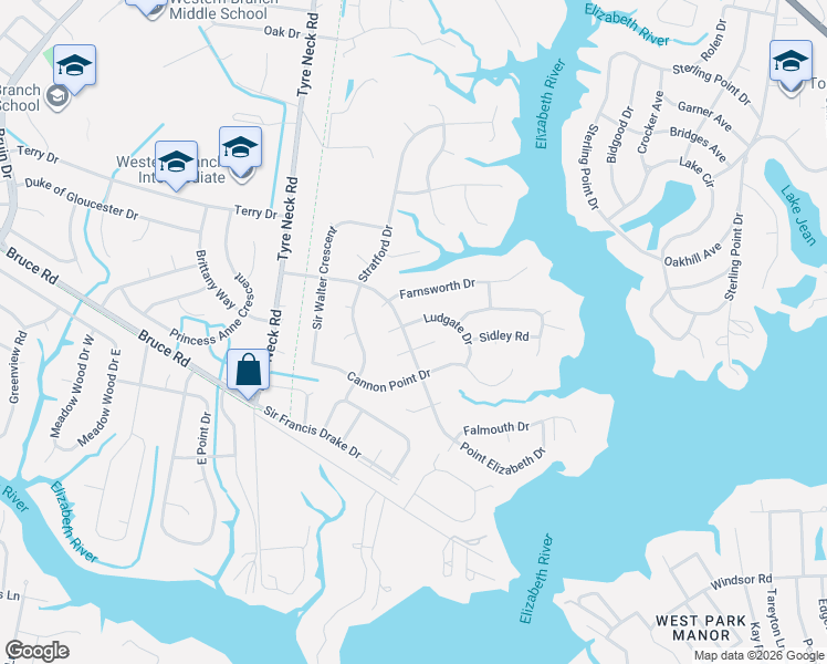 map of restaurants, bars, coffee shops, grocery stores, and more near 3812 Point Elizabeth Drive in Chesapeake