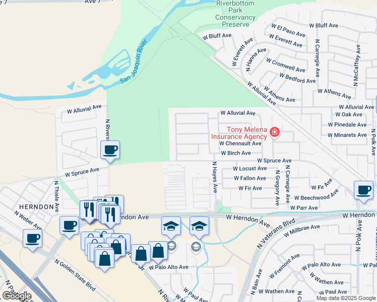map of restaurants, bars, coffee shops, grocery stores, and more near 6203 West Chennault Avenue in Fresno