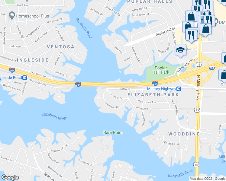 map of restaurants, bars, coffee shops, grocery stores, and more near 5235 Curlew Drive in Norfolk