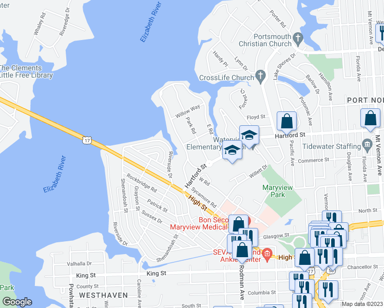 map of restaurants, bars, coffee shops, grocery stores, and more near 309 West Road in Portsmouth