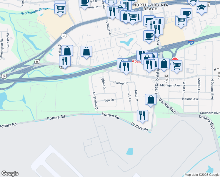 map of restaurants, bars, coffee shops, grocery stores, and more near 1809 Riddle Avenue in Virginia Beach