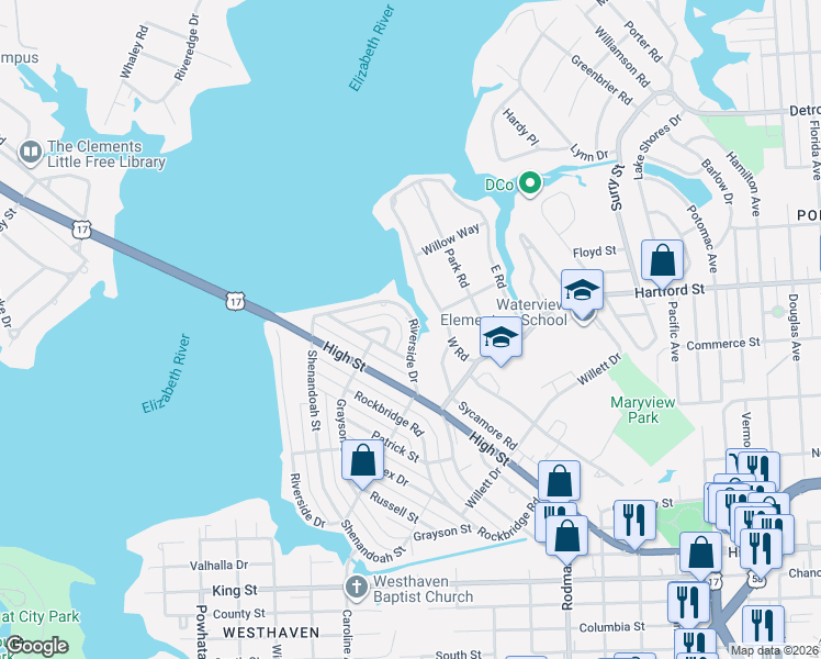 map of restaurants, bars, coffee shops, grocery stores, and more near 300 West Road in Portsmouth