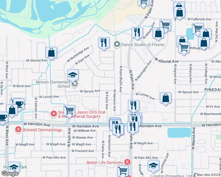 map of restaurants, bars, coffee shops, grocery stores, and more near 1113 West Birch Avenue in Fresno