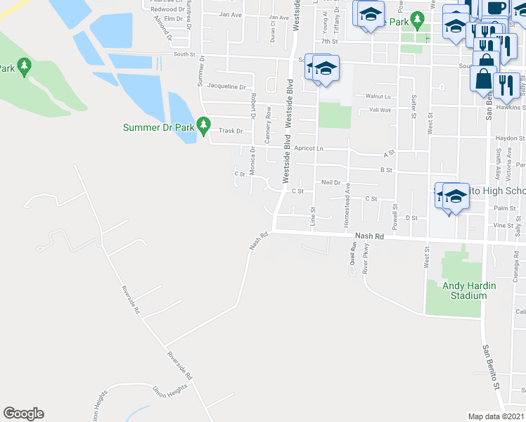 map of restaurants, bars, coffee shops, grocery stores, and more near 1011 Del Rio Court in Hollister