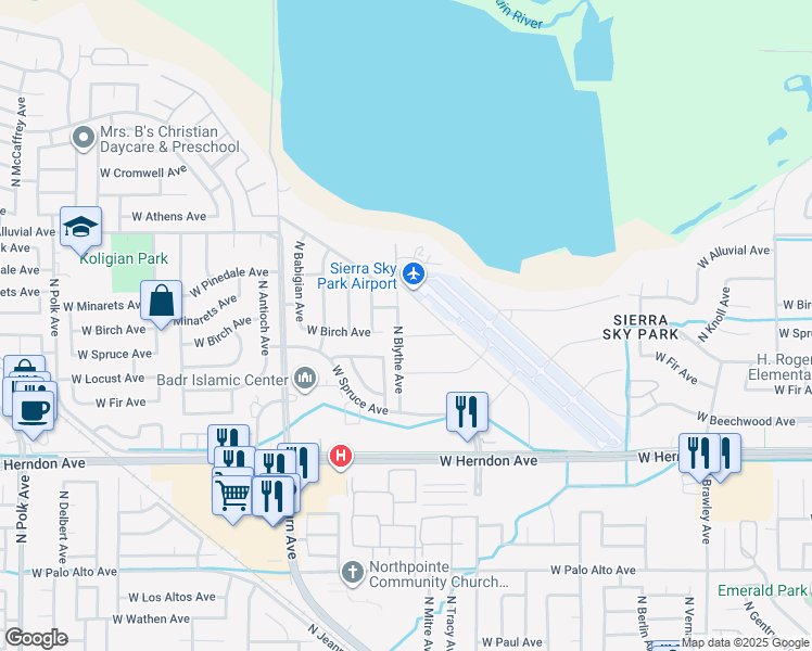 map of restaurants, bars, coffee shops, grocery stores, and more near 4494 West Chennault Avenue in Fresno