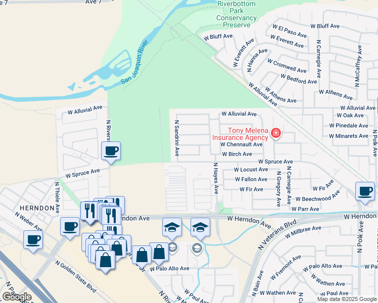 map of restaurants, bars, coffee shops, grocery stores, and more near 6203 West Chennault Avenue in Fresno