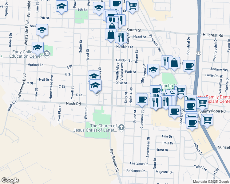 map of restaurants, bars, coffee shops, grocery stores, and more near 1215 San Benito Street in Hollister