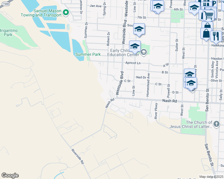 map of restaurants, bars, coffee shops, grocery stores, and more near 1011 Del Rio Court in Hollister