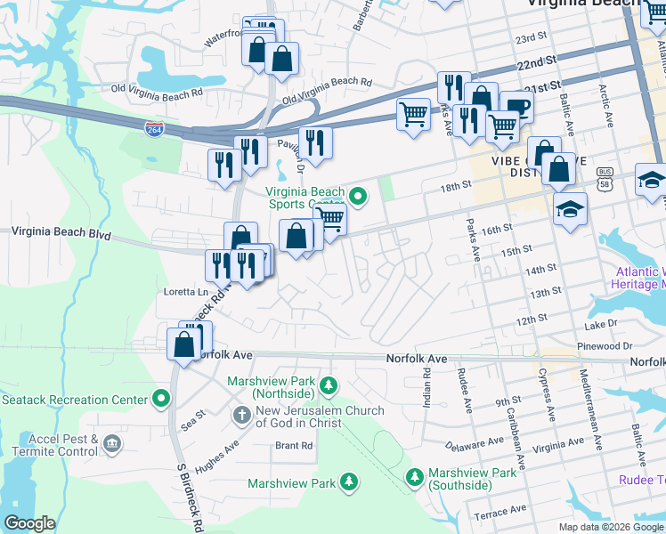 map of restaurants, bars, coffee shops, grocery stores, and more near 1014 Barnacle Court in Virginia Beach