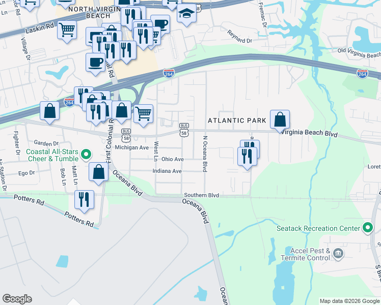 map of restaurants, bars, coffee shops, grocery stores, and more near 230 Roselynn Lane in Virginia Beach