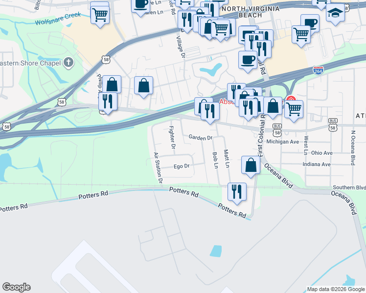 map of restaurants, bars, coffee shops, grocery stores, and more near 1809 Riddle Avenue in Virginia Beach