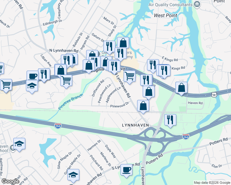 map of restaurants, bars, coffee shops, grocery stores, and more near 228 Greenwood Lane in Virginia Beach