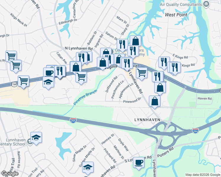 map of restaurants, bars, coffee shops, grocery stores, and more near 228 Driftwood Road in Virginia Beach