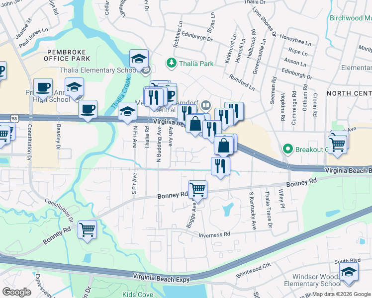 map of restaurants, bars, coffee shops, grocery stores, and more near 4174 Thalia Station Circle in Virginia Beach