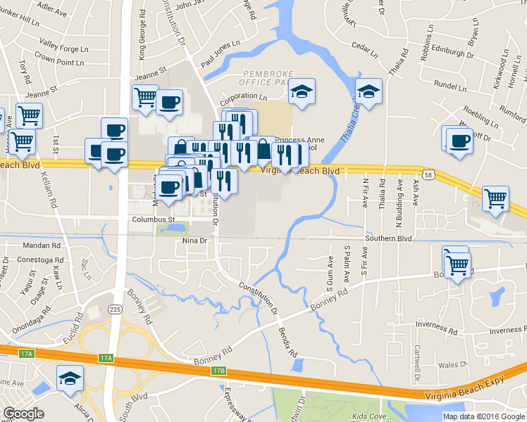 map of restaurants, bars, coffee shops, grocery stores, and more near 4358 Beasley Court in Virginia Beach