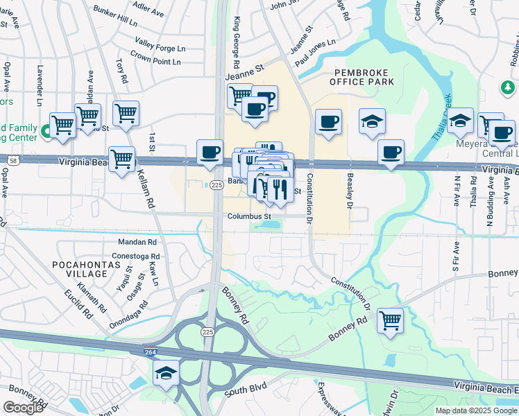 map of restaurants, bars, coffee shops, grocery stores, and more near 165 Central Park Avenue in Virginia Beach