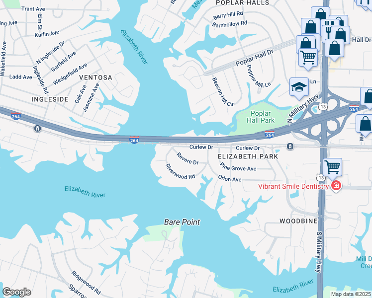 map of restaurants, bars, coffee shops, grocery stores, and more near 5235 Curlew Drive in Norfolk