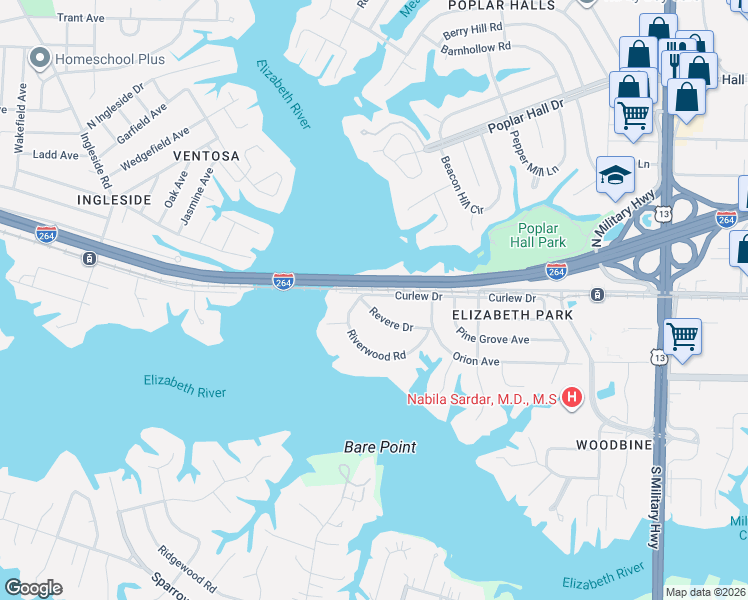 map of restaurants, bars, coffee shops, grocery stores, and more near 5235 Curlew Drive in Norfolk