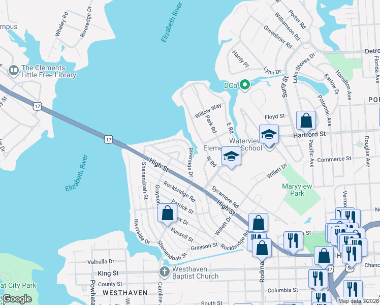 map of restaurants, bars, coffee shops, grocery stores, and more near 300 West Road in Portsmouth