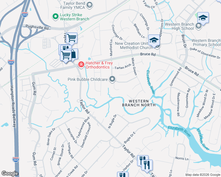map of restaurants, bars, coffee shops, grocery stores, and more near 3221 Duquesne Drive in Chesapeake