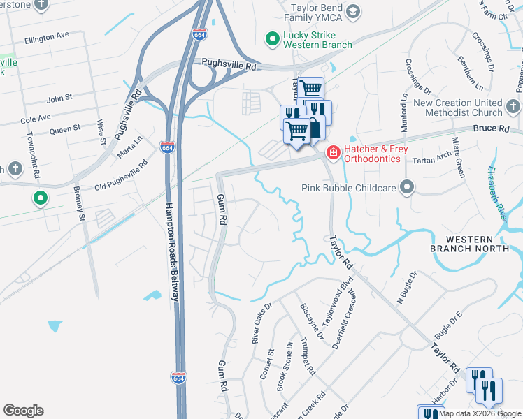 map of restaurants, bars, coffee shops, grocery stores, and more near 4621 Drum Point Lane in Chesapeake