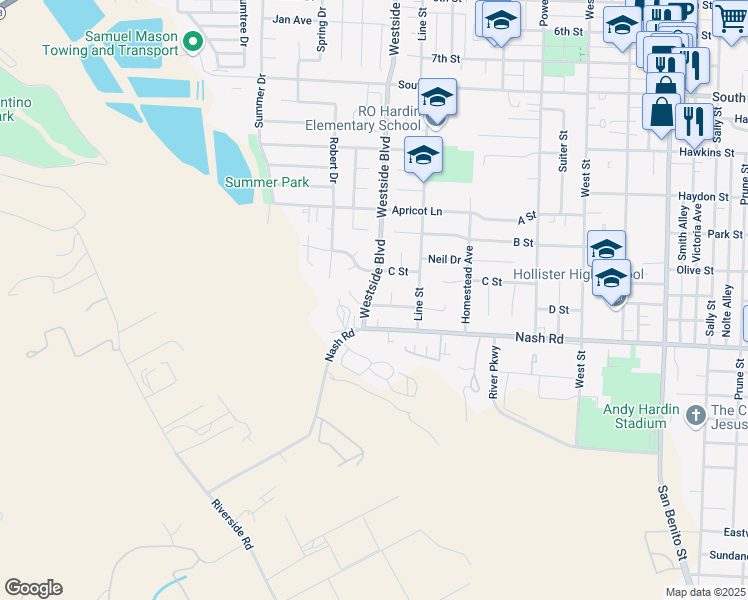map of restaurants, bars, coffee shops, grocery stores, and more near 1371 Westside Boulevard in Hollister
